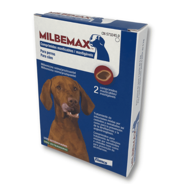 imagen lateral de la caja de comprimidos masticables milbemax perros grandes